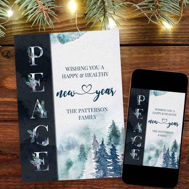 PEACE Winter Forest New Year Holiday Card (Christmas & New Year Card. Buy professionally printed or as a printable digital download.)