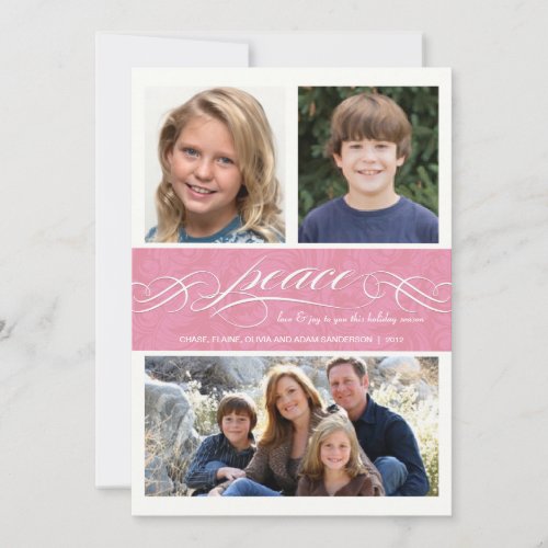 Peace Winter Pink Holiday Triple Photo Flat Card