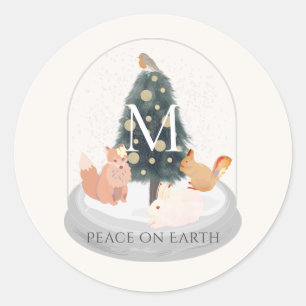 Peace Woodland Animals Snow Globe Monogram White Classic Round Sticker