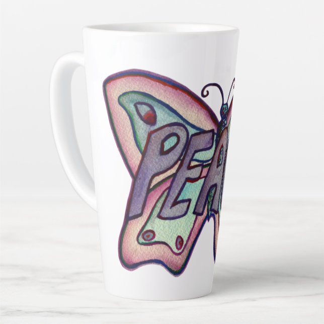 Peace Word Art Purple Butterfly Wing Cup Latte Mug (Left Angle)