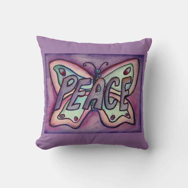 Peace Word Purple Butterfly Accent Throw Pillow (Front)