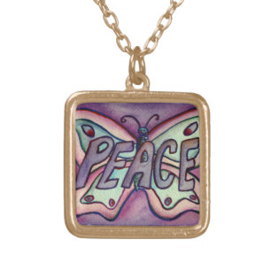 Peace Word Purple Butterfly Art Jewelry Necklaces