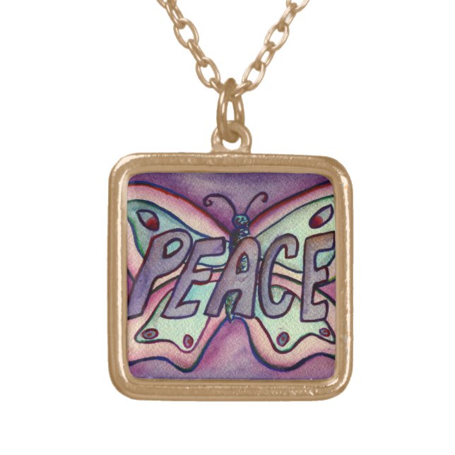 Peace Word Purple Butterfly Art Jewelry Necklaces (Front)