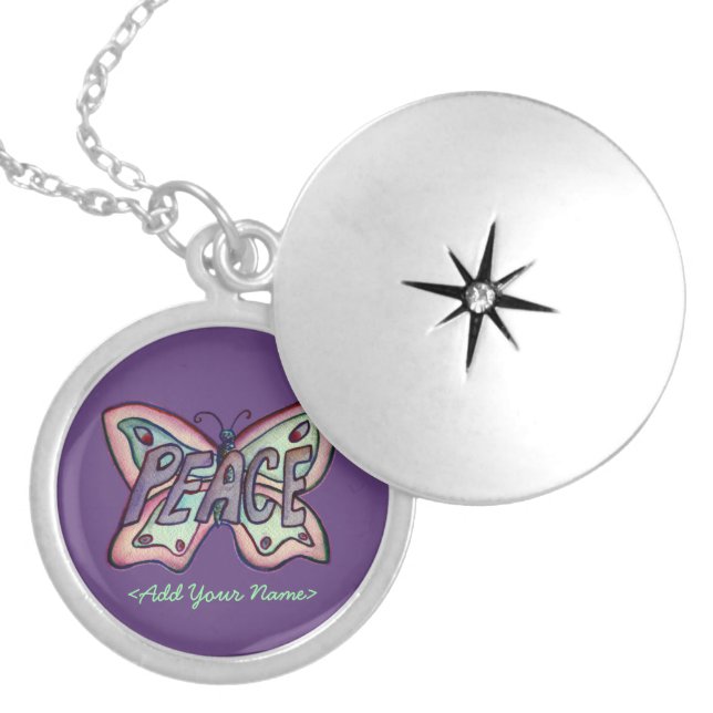 Peace Word Purple Butterfly Custom Name Lockets (Front)