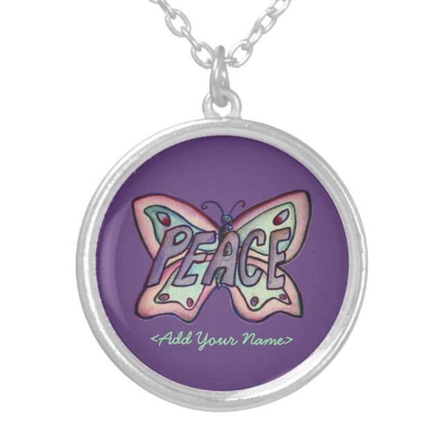 Peace Word Purple Butterfly Custom Name Necklaces (Front)