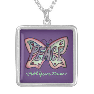 Peace Word Purple Butterfly Custom Name Necklaces