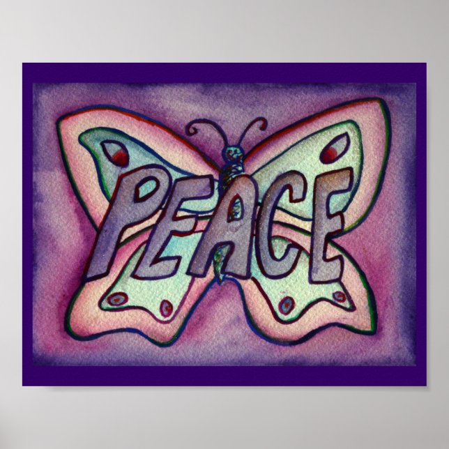 Peace Word Purple Butterfly Poster Art Prints (Front)