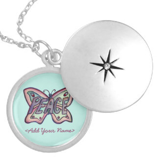 Peace Word Teal Butterfly Custom Name Locket