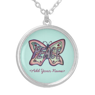 Peace Word Teal Butterfly Custom Name Necklaces