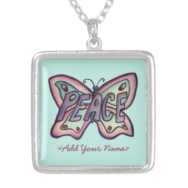 Peace Word Teal Butterfly Custom Name Necklaces (Front)