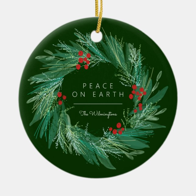 Peace Wreath Christmas Holiday Ceramic Ornament (Front)