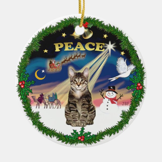 Peace Wreath - Tabby Tiger cat Ceramic Ornament (Front)