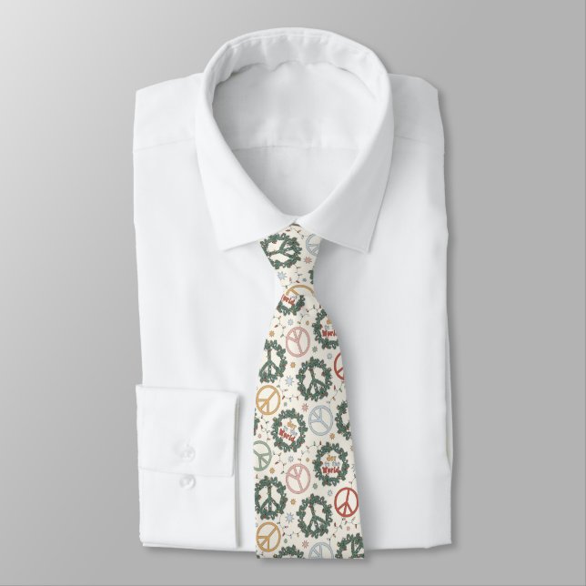 Peace Wreaths and Joy to the World Pattern Neck Tie (Tied)