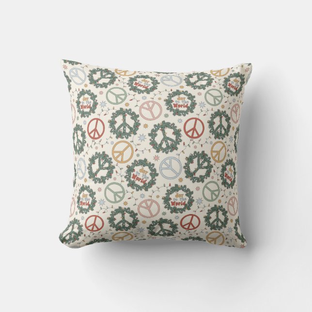 Peace Wreaths and Joy to the World Pattern Throw Pillow (Front)