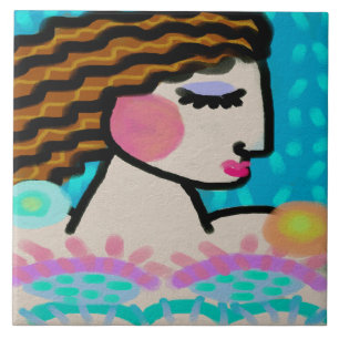 Peaceful Abstract Digital Portrait of a Woman Ceramic Tile