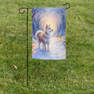 Peaceful Akita on Snow Lantern Path Christmas Dog Garden Flag