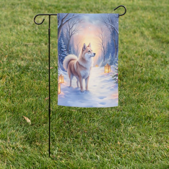 Peaceful Akita on Snow Lantern Path Christmas Dog  Garden Flag (In SItu)