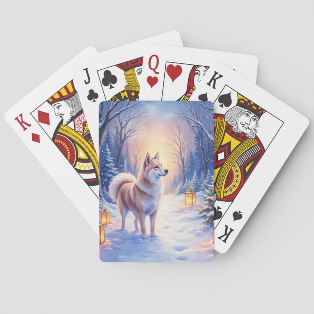 Peaceful Akita on Snow Lantern Path Christmas Dog  Poker Cards (Back)