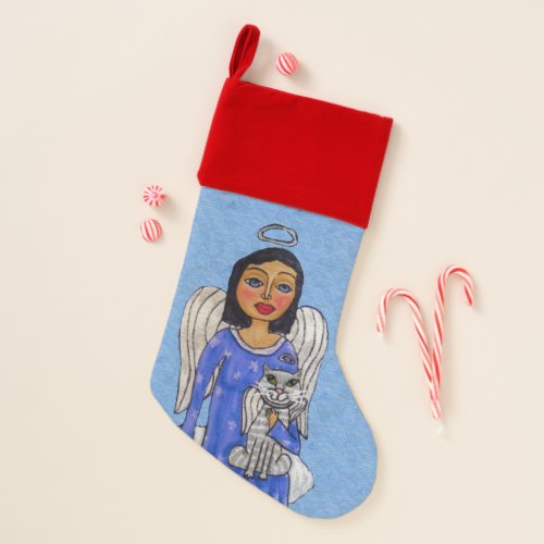 Peaceful Angel on Cloud Holding White Angel Cat Christmas Stocking