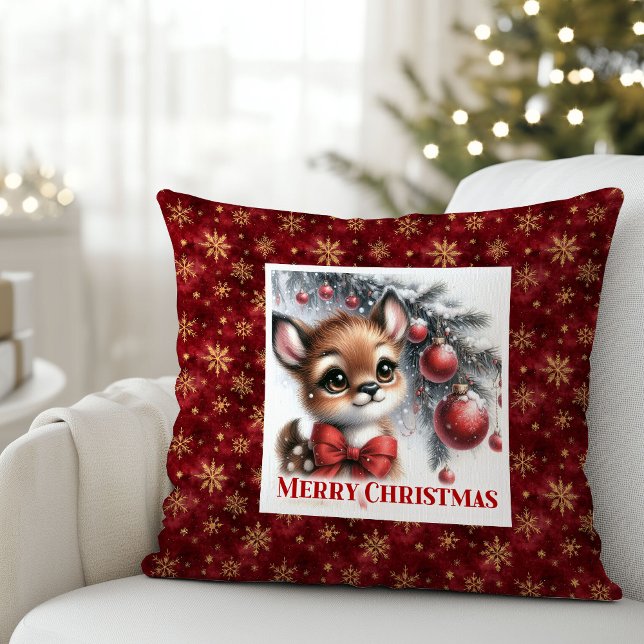 Peaceful Baby Deer Watercolor Snowy Gift Christmas Throw Pillow (Peaceful Baby Deer Watercolor Snowy Gift Christmas pillow)