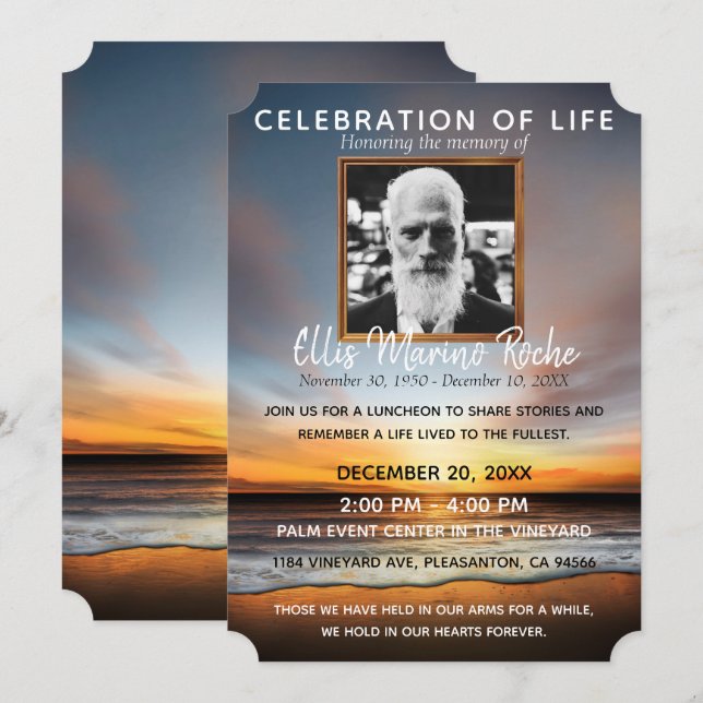 Peaceful Beach Sunset|Celebration of Life Photo Invitation (Front/Back)