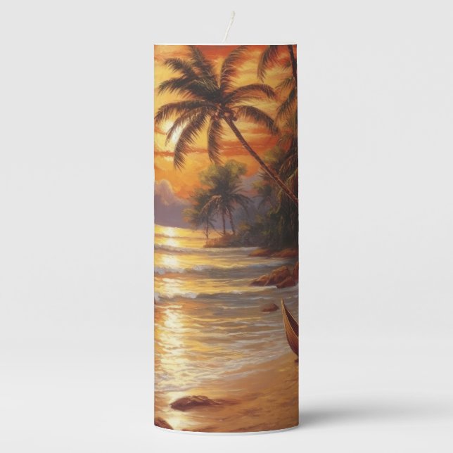 PEACEFUL BEACH SUNSET SCENE WITH PALM TREES PILLAR CANDLE (Front)