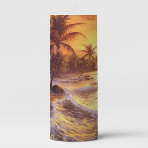 PEACEFUL BEACH SUNSET SCENE WITH PALM TREES PILLAR CANDLE