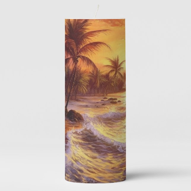 PEACEFUL BEACH SUNSET SCENE WITH PALM TREES PILLAR CANDLE (Front)