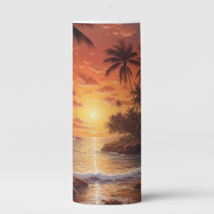 PEACEFUL BEACH SUNSET SCENE WITH PALM TREES PILLAR CANDLE