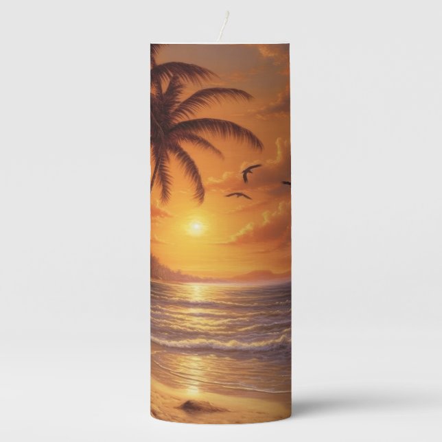 PEACEFUL BEACH SUNSET SCENE WITH PALM TREES PILLAR CANDLE (Front)