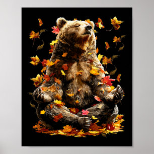 Peaceful Bear Fall Leaves Meditating Zen Animal Au Poster