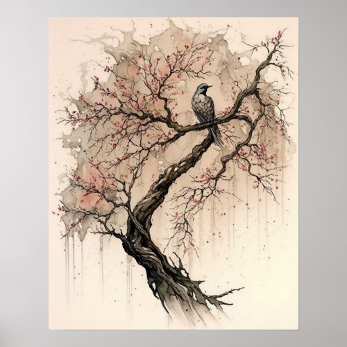 Peaceful Bird and Cherry Blossom Poster