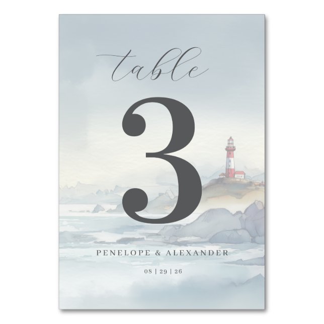 Peaceful Blue Watercolor Lighthouse Table Number (Front)
