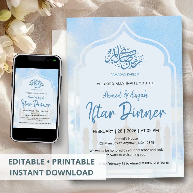 Peaceful Blue Watercolor Mosque Arch Iftar Invitation (Creator Uploaded)