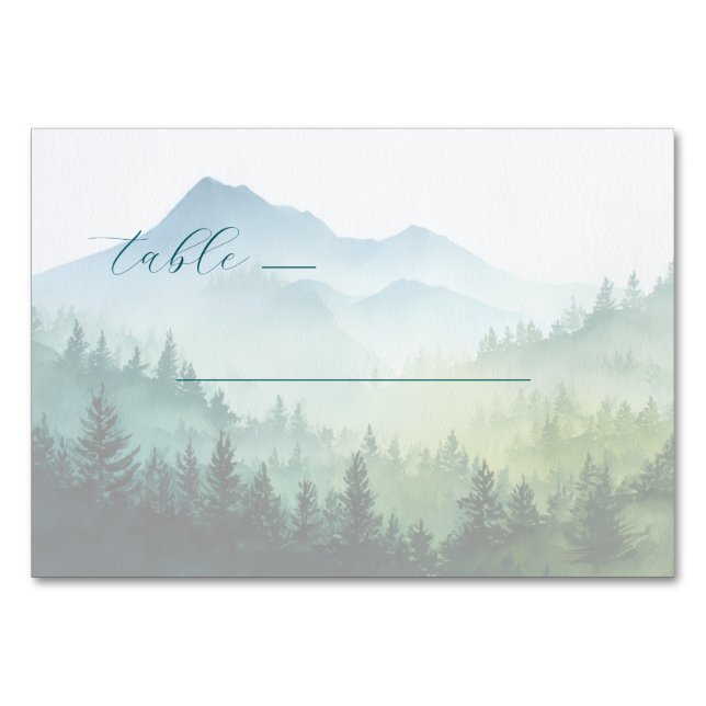 Peaceful Blue Watercolor Mountain Landscape Table Number (Front)