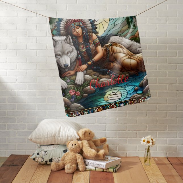Peaceful bond: Native woman and wolf Baby Blanket (In Situ)