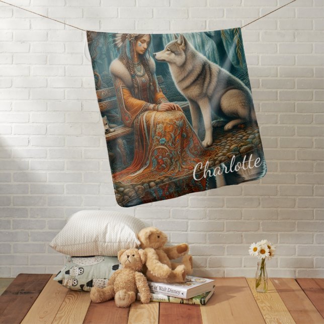 Peaceful bond: Native woman and wolf Baby Blanket (In Situ)