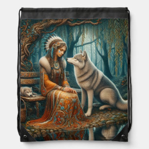 Peaceful bond: Native woman and wolf Drawstring Bag