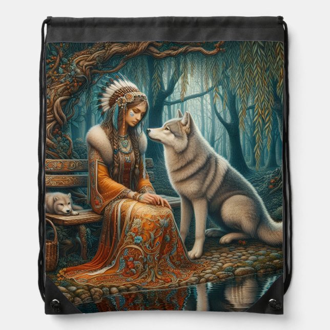 Peaceful bond: Native woman and wolf Drawstring Bag (Front)
