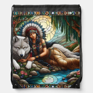 Peaceful bond: Native woman and wolf Drawstring Bag
