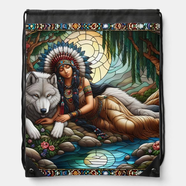 Peaceful bond: Native woman and wolf Drawstring Bag (Front)