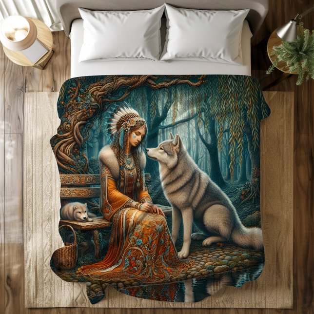 Peaceful bond: Native woman and wolf Duvet Cover (Creator Uploaded)