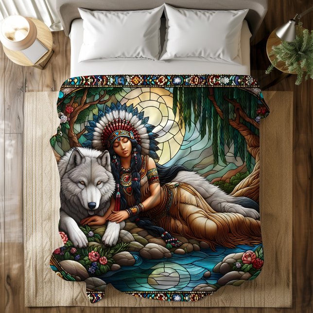 Peaceful bond: Native woman and wolf Duvet Cover (Creator Uploaded)