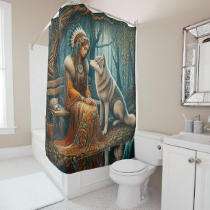 Peaceful bond: Native woman and wolf Shower Curtain