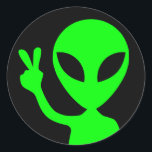 Peaceful Bright Green Alien Black Classic Round Sticker<br><div class="desc">This little alien comes to visit in peace. Add a text message or personalized name. Create your own custom stickers. The text color code 00FF00 will match the little extraterrestrial dude flashing a peace sign.</div>