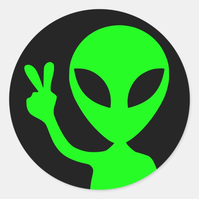 Peaceful Bright Green Alien Black Classic Round Sticker (Front)