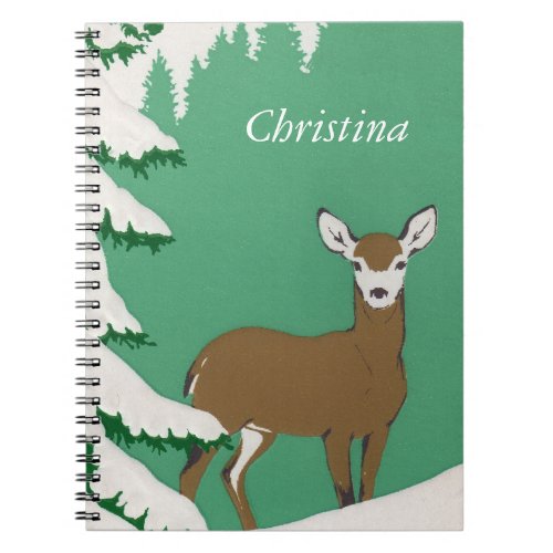 Peaceful brown Deer by Snow Covered Pine Tree Notebook