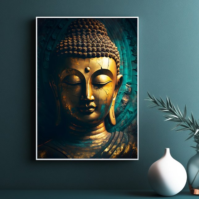Peaceful Buddha Face Gold Blue Art Antique Poster (Peaceful Buddha Face Gold Blue Art Antique Poster)
