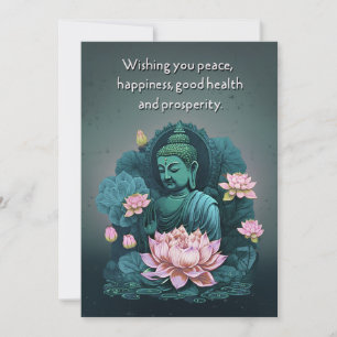 Peaceful Buddha Greeting Card with Pink Flowers