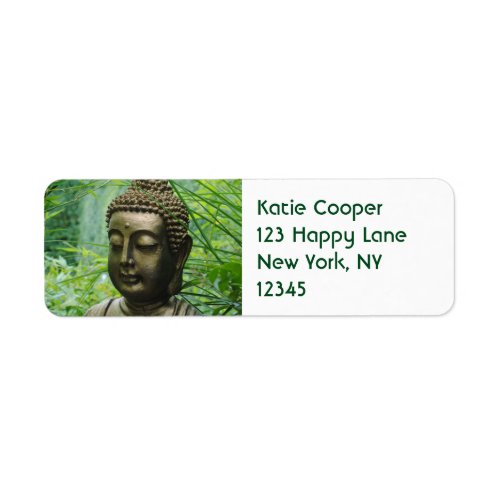 Peaceful Buddha Statue in a Leafy Green Forest Label